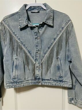 BlueB Collection Light Wash Denim Jacket with Ringstone Fringe Size L